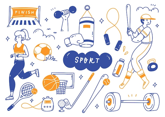 sport equipment in doodle line art illustration