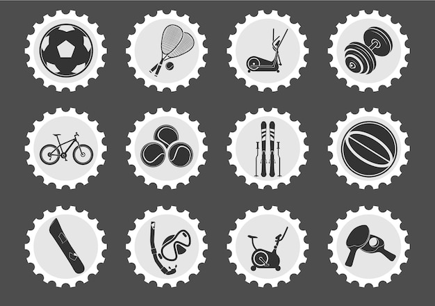 Sport equipment icons on stylized round postage stamps