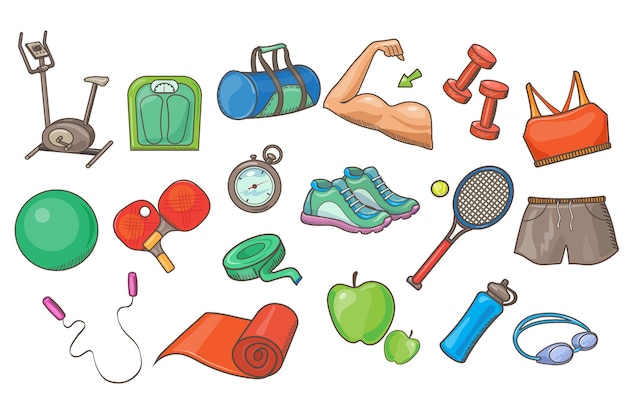 Sport equipment set physical activity inventory vector illustrations on a white background