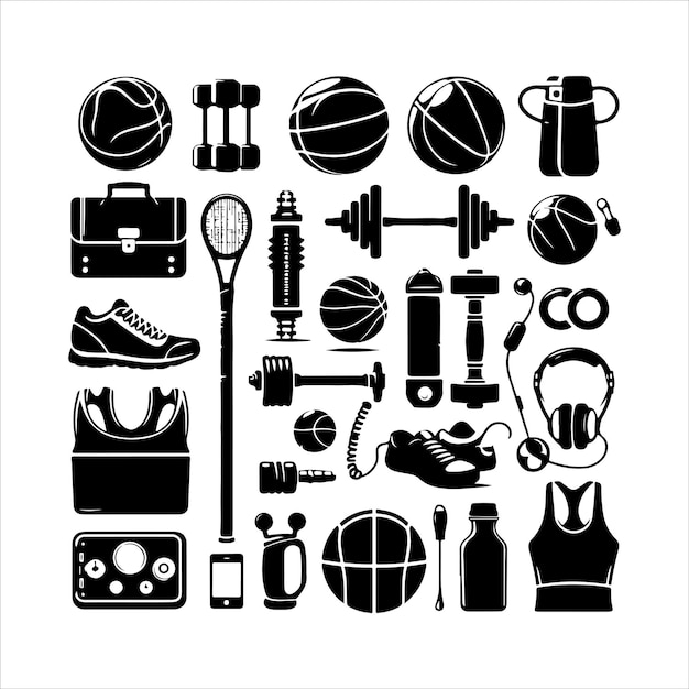 Sport equipment set silhouette Sport elements icon simple style