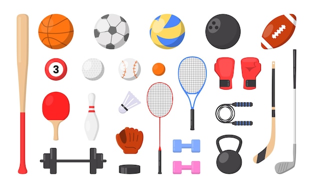 Sport equipment Vector icons set of sport inventory with balls for volleyball baseball football game and tennis golf ball billiard racket bowling Fitness gym tools Team game