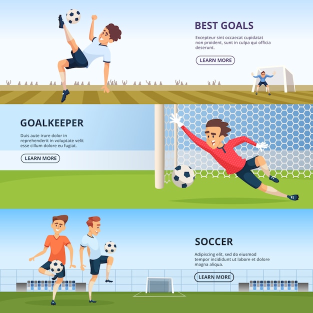 Sport events. Soccer characters playing football. Design template of horizontal banners