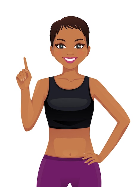 Sport fitness woman character pointing up isolated vector illustration