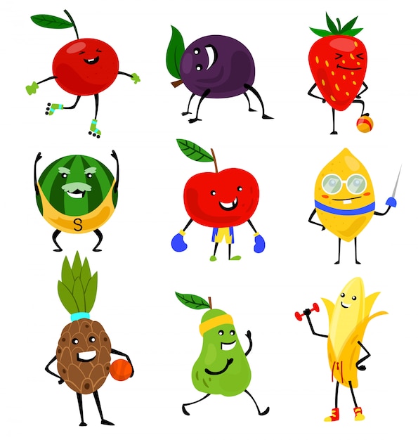 Sport fruits characters. Funny fruit foods on sport exercises, fitness vitaminic human healthy nutrition illustration