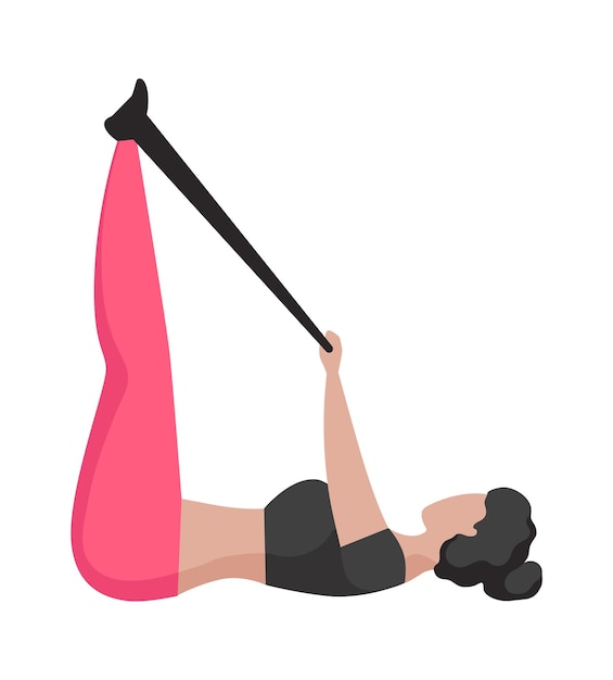 Sport girl Cartoon woman doing exercises Female training with rubber band expander Fitness activity at home Adult girl in modern sportswear Vector Pilates and aerobics illustration