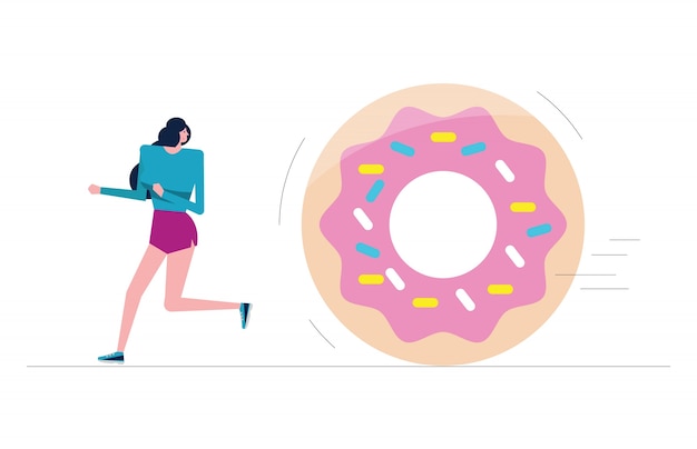 Vector sport girl run away from big donut