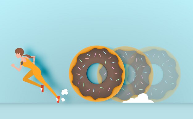 Vector sport girl runaway from donut vector illustration 