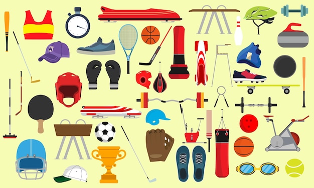 Sport item game for soccer tennis football and graphic equipment isolated white set illustration