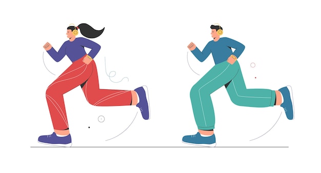 Sport jogging training concept Sporty woman and man running Vector flat cartoon illustration