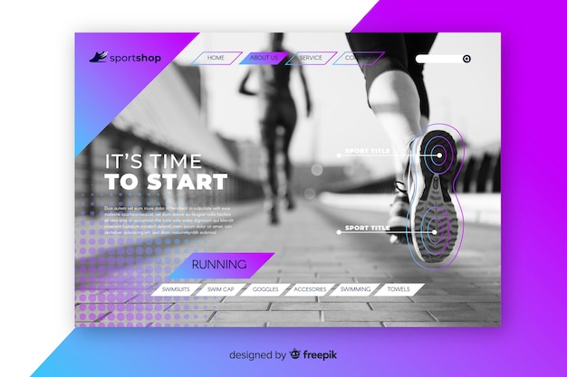 Vector sport landing page template with photo