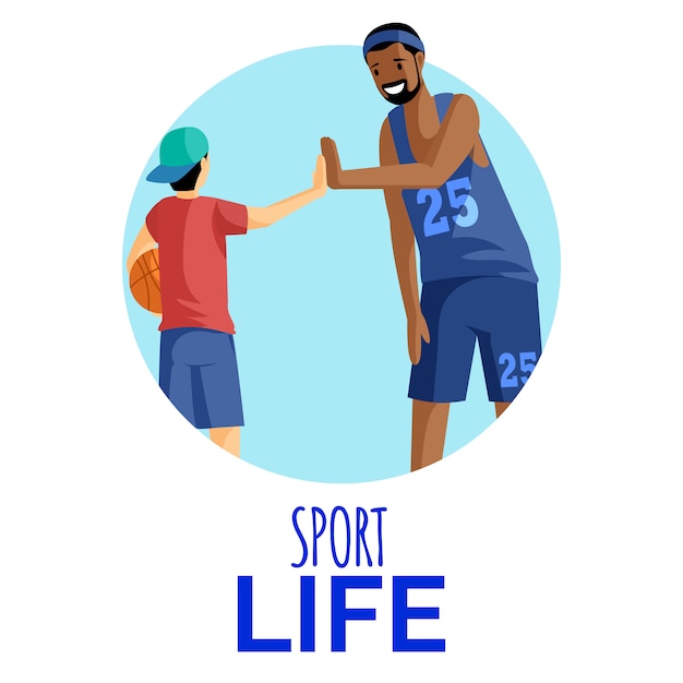 Sport life flat illustration. Basketball player and fan giving high five in circular frame. Athletes, sportsmen, coach and player cartoon characters isolated on white