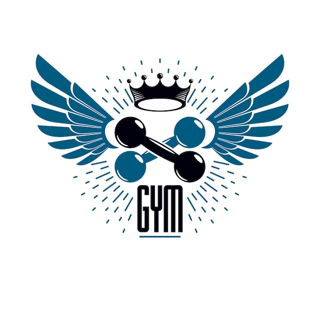 Sport logo for weightlifting gym and fitness club, vintage style vector emblem with wings. With dumbbell.