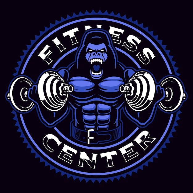 Sport mascot of a gorilla bodybuilder with dumbbells on the dark background.