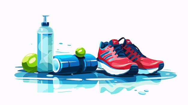 Vector sport objects concept water bottle and running shoes