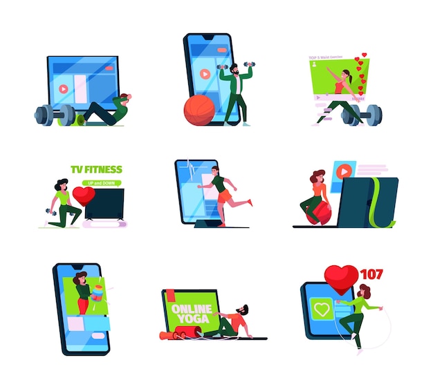 Sport online Personal video lessons fitness trainings professional gym or yoga exercises healthy lifestyle at home garish vector characters