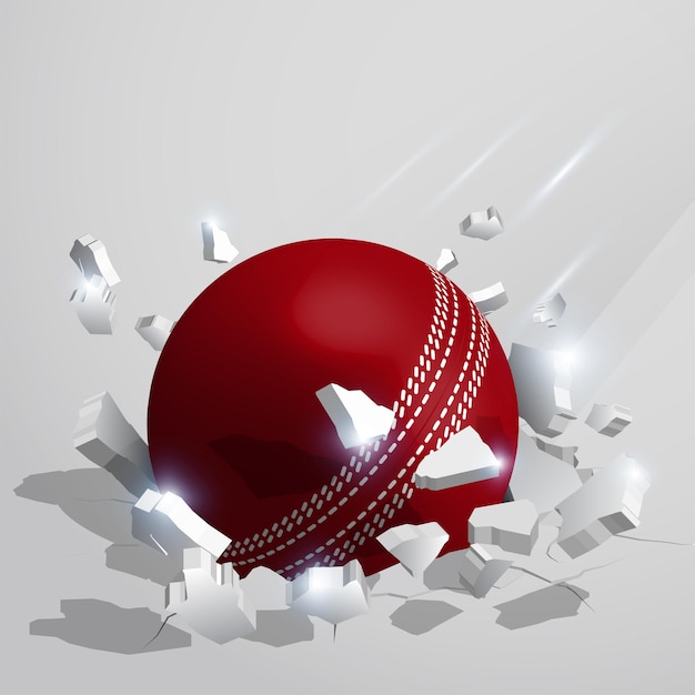 sport red cricket ball crashed into the ground at high speed and breaks into shards cracks after perfect hit Inflicting heavy damage Vector