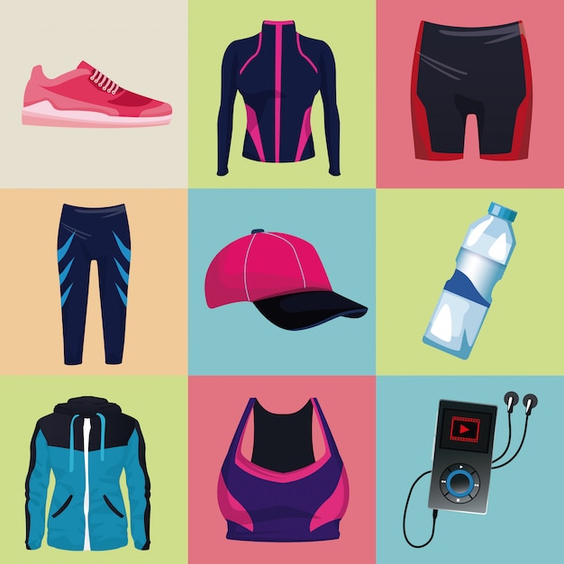 Vector sport wear collection on square icons vector