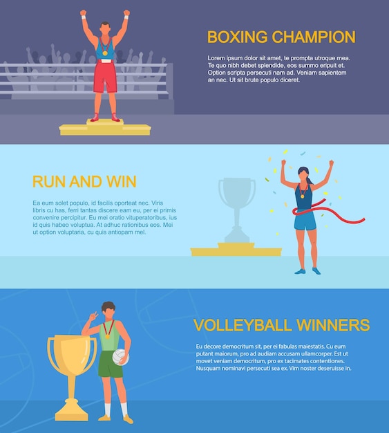 Sport winners banners champion awards victories cups and medals for sport competition Vector templates with place for text