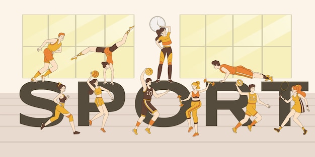 Sport word banner template. People doing sport exercises, fitness workout, playing sport games.