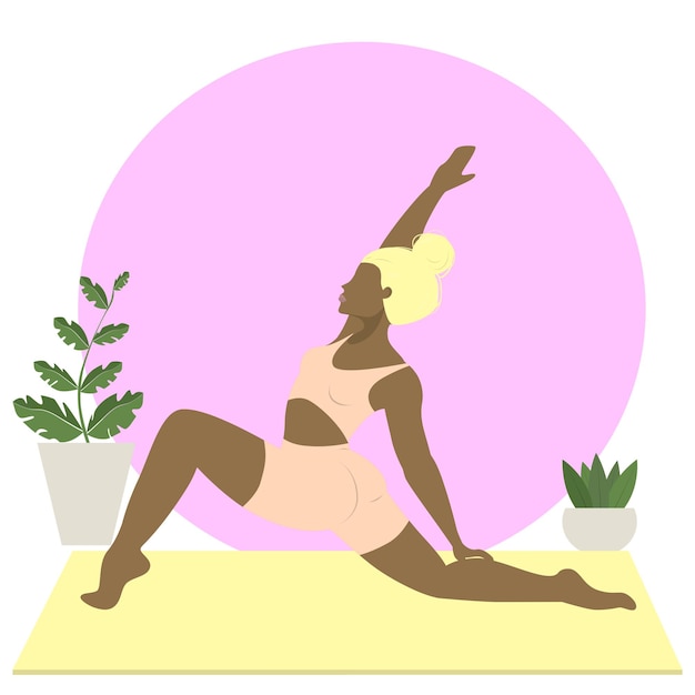 Vector sportive black young woman doing yoga fitness exercises on the mat near plants healthy lifestyle