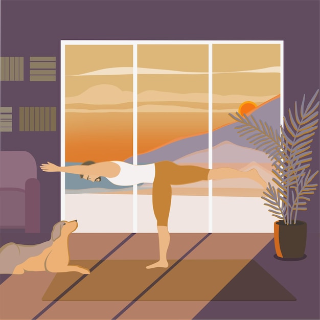 Vector a sportive man standing in warrior iii or virabhadrasana 3 posture in the room with the view.