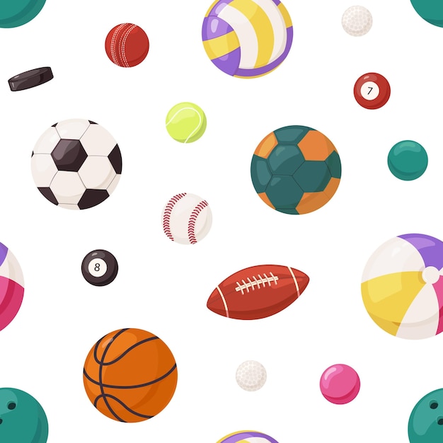 Vector sports balls pattern. seamless background with soccer, volleyball, rugby, basketball, baseball nad handball games equipment. endless texture with repeating print. colorful flat vector illustration.