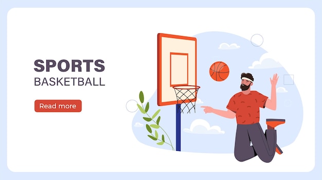 Sports basketball poster man jumps and throws ball into basket team sport competition and tournament