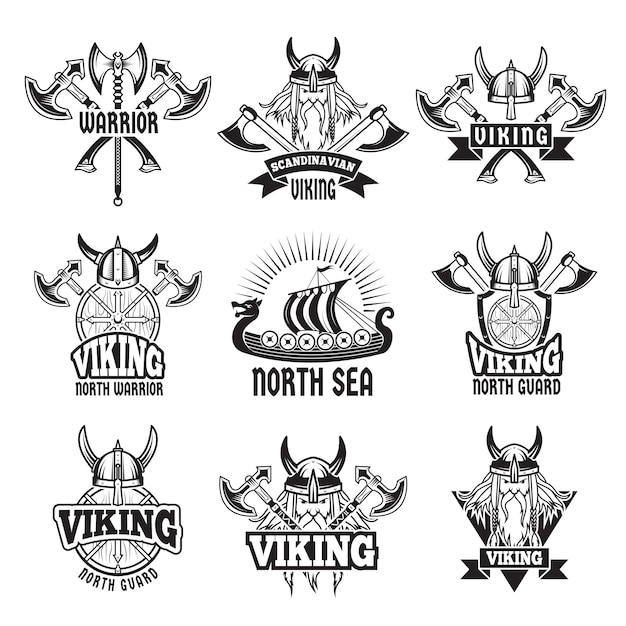 Vector sports and battle badges and labels with vikings and barbarian warriors.