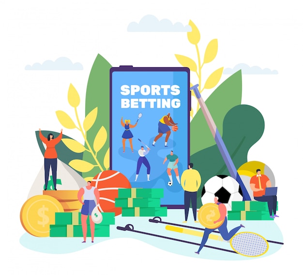 Sports betting online , cartoon tiny people bet sportive soccer competition using smartphone app on white