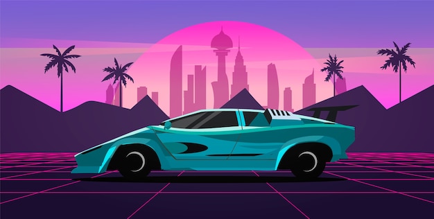 A sports car in a retro wave landscape with a neon grid, city and palm trees. Vector illustration in the style of the 80s.