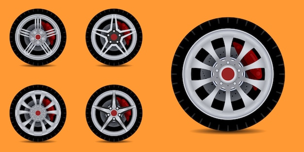 Sports car rim. Car tyre collection.