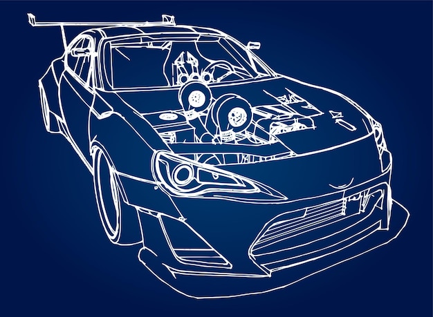 Sports car. Stock Illustration in the style of hand-drawn linear graphics.