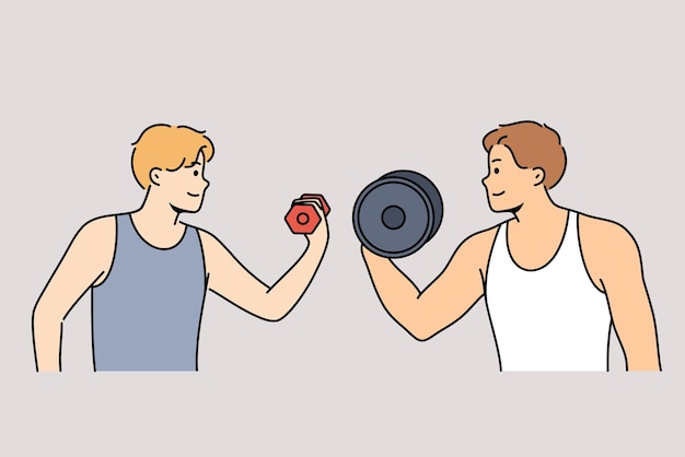 Sports competition between men lifting dumbbells with different weights or fitness mentoring in gym