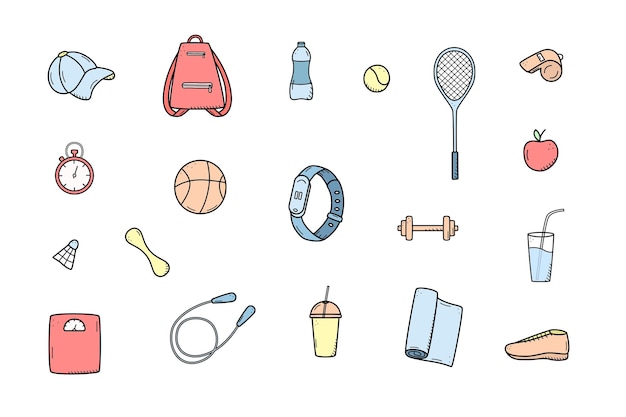 Sports doodle icon set concept Design elements of a sports invert a healthy lifestyle Vector illustration