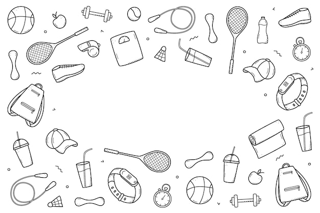 Sports doodle icon set concept Design elements of a sports invert a healthy lifestyle Vector illustration