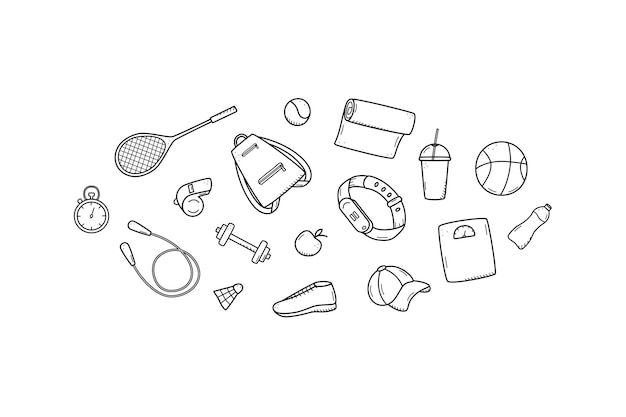 Sports doodle icon set concept Design elements of a sports invert a healthy lifestyle Vector illustration