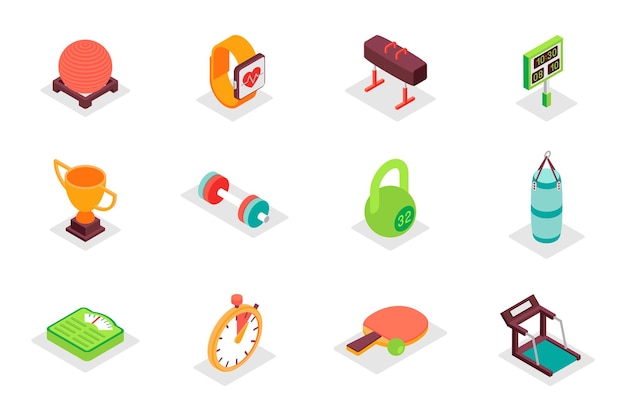 Sports equipment concept 3d isometric icons set Pack isometry elements of ball smart watch score winning cup barbell kettlebell scales gym and other Vector illustration for modern web design