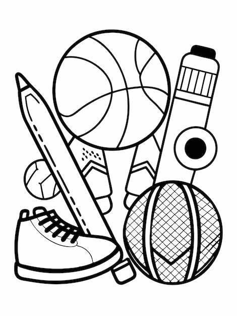 Vector sports equipment goods colouring book pages for children and adults with vector design