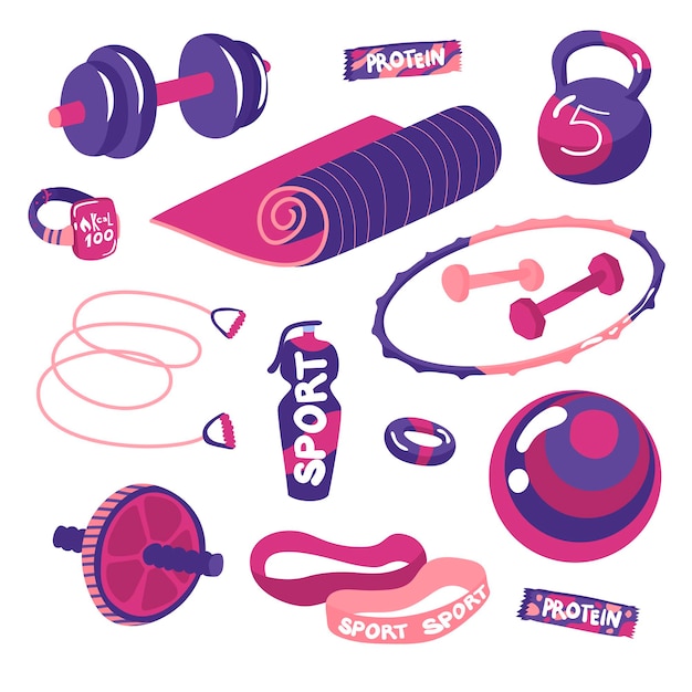 Vector sports equipment gym training activities lifestyle stickers jump rope kettlebell dumbbell