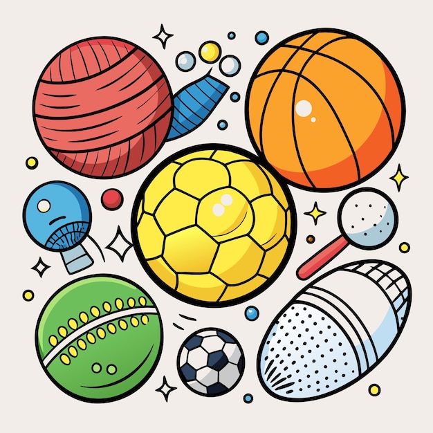 Sports Equipment Illustration Featuring Various Balls and Racket