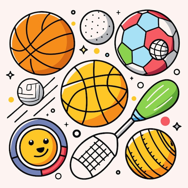 Sports Equipment Illustration Featuring Various Balls and Racket