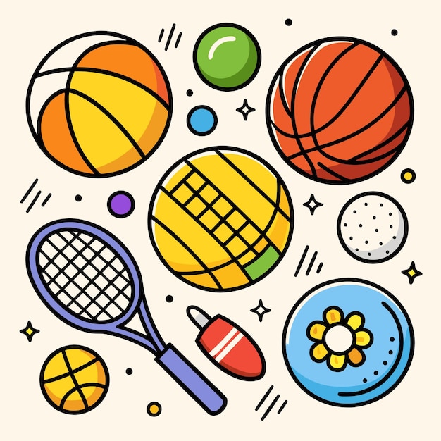 Sports Equipment Illustration Featuring Various Balls and Racket