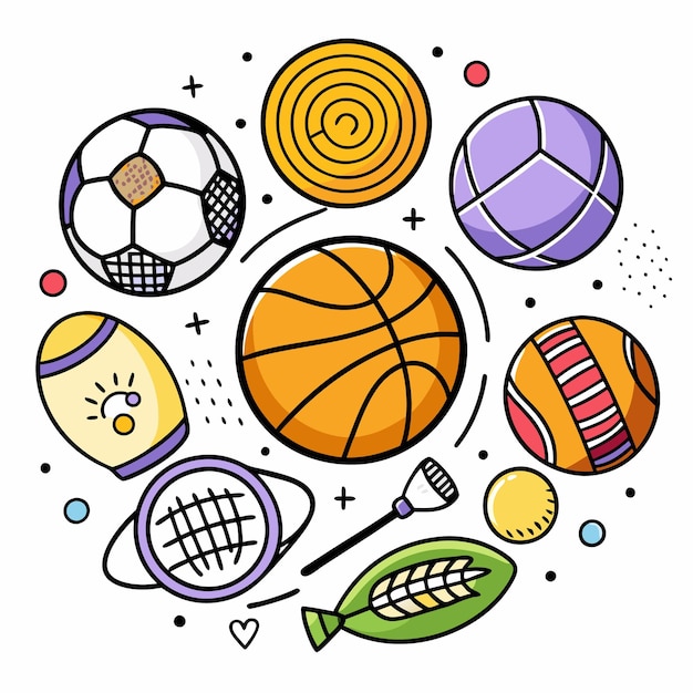 Sports Equipment Illustration Featuring Various Balls and Racket