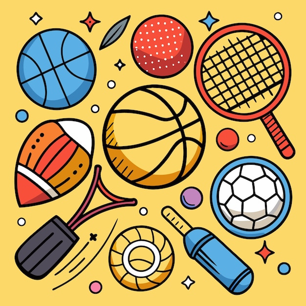 Sports Equipment Illustration Featuring Various Balls and Racket