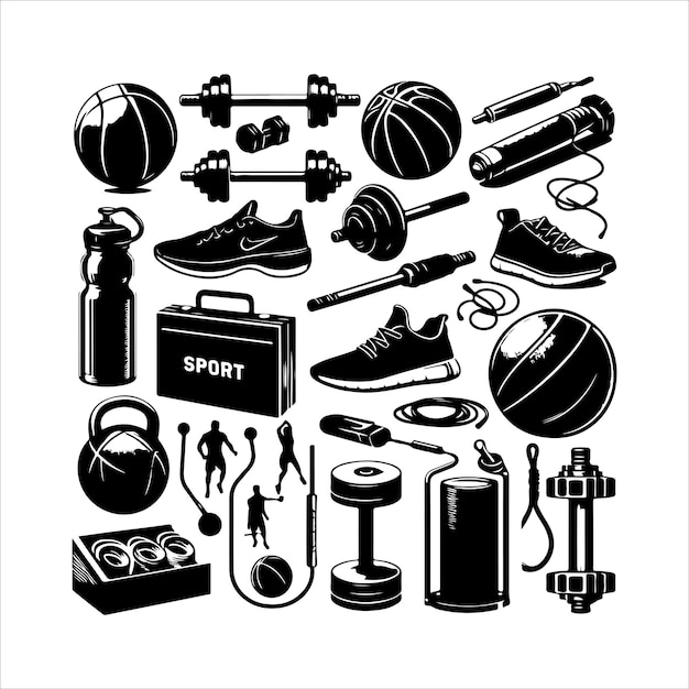 Vector sports equipment set silhouette sport elements icon simple style