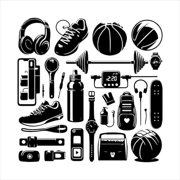 Vector sports equipment set silhouette sport elements icon simple style