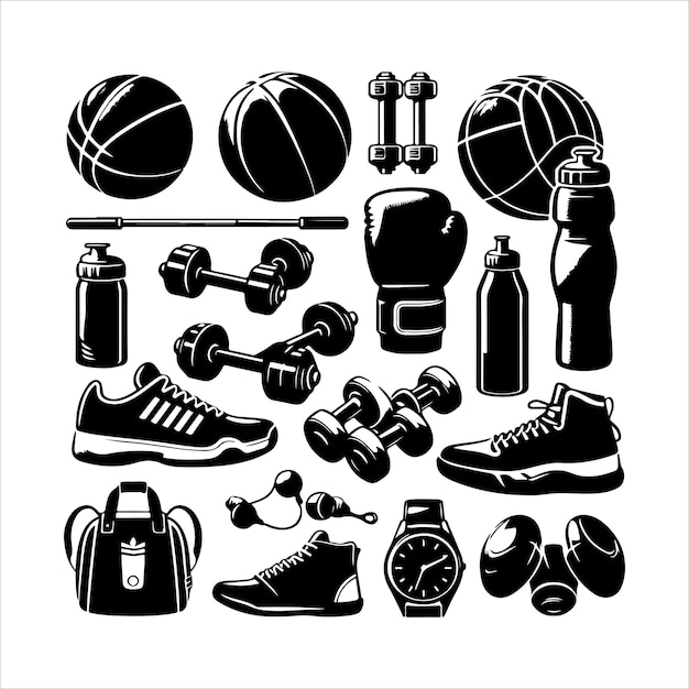 Sports equipment set silhouette Sport elements icon simple style