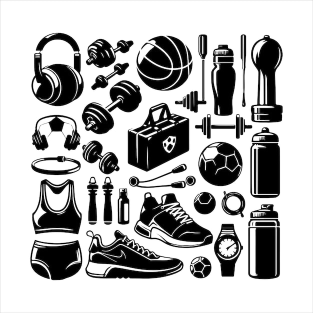 Vector sports equipment set silhouette sport elements icon simple style