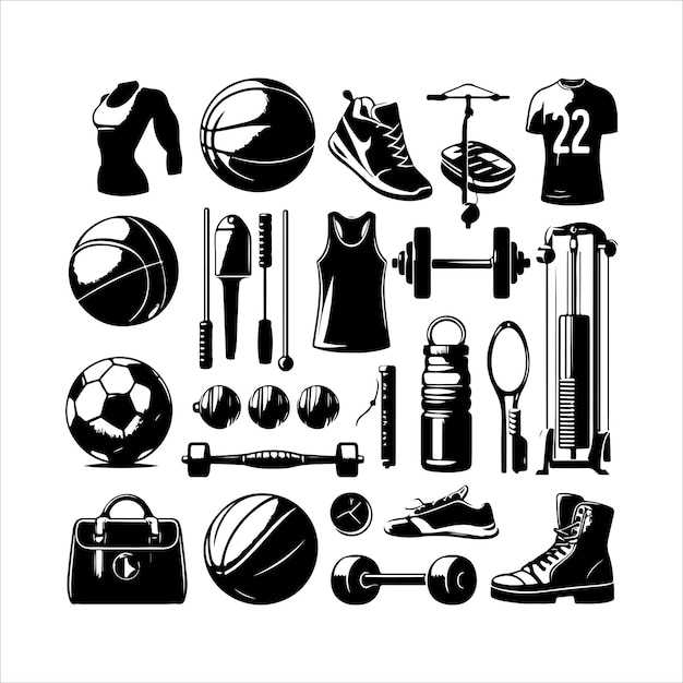 Sports equipment set silhouette Sport elements icon simple style