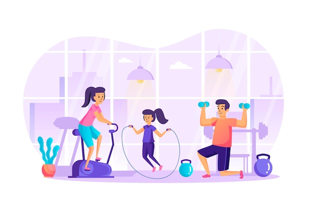 Sports family doing fitness in gym flat design concept with people characters scene